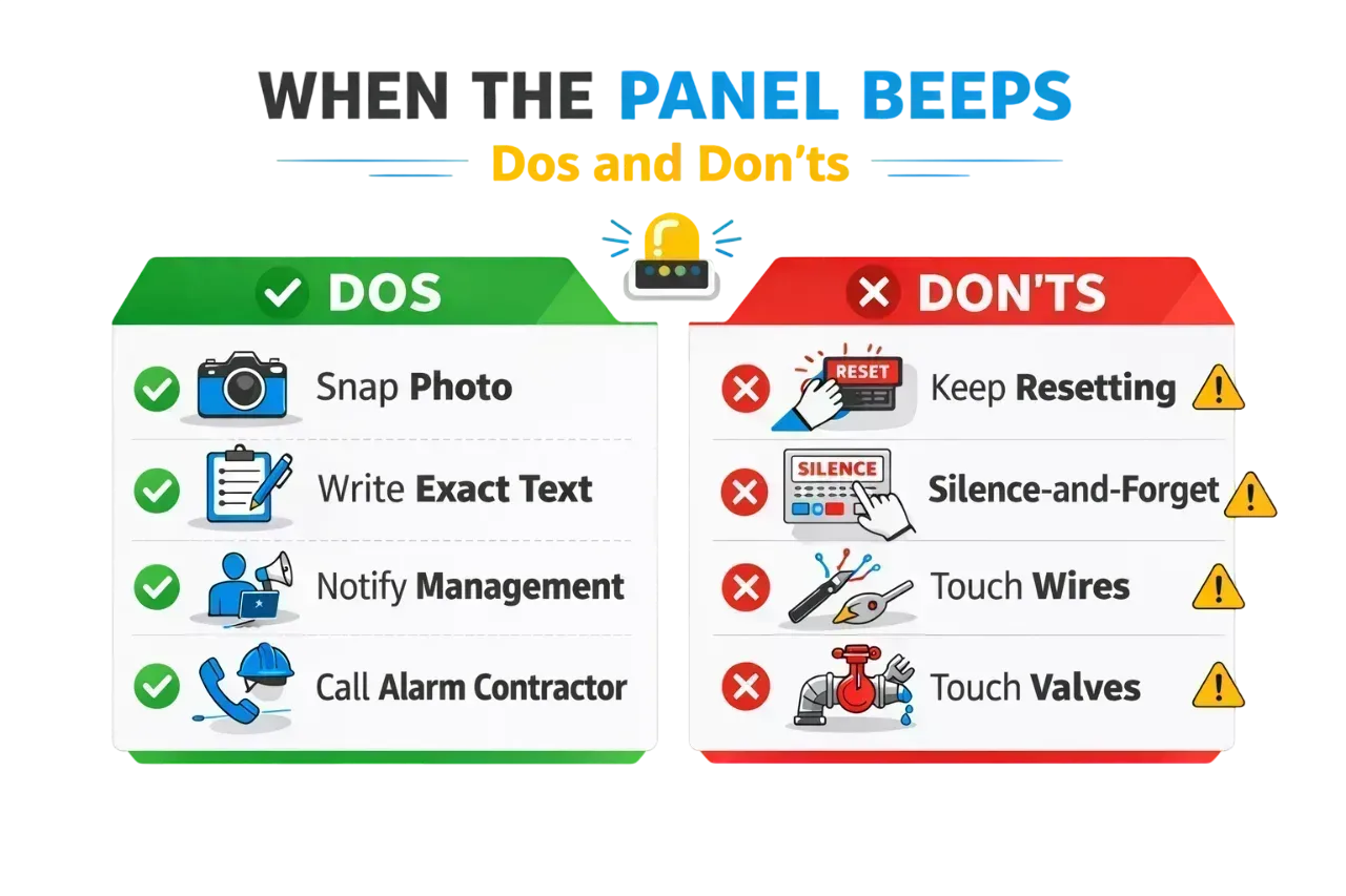 Fire alarm panel beeping response guide for building managers showing correct actions like photographing the display and calling a licensed fire alarm contractor versus common mistakes like repeated resets or touching wiring