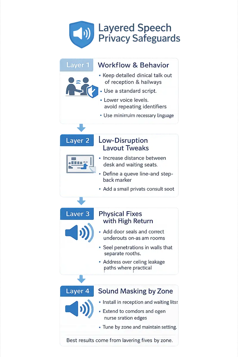 Layered speech privacy safeguards for healthcare sound masking system installation