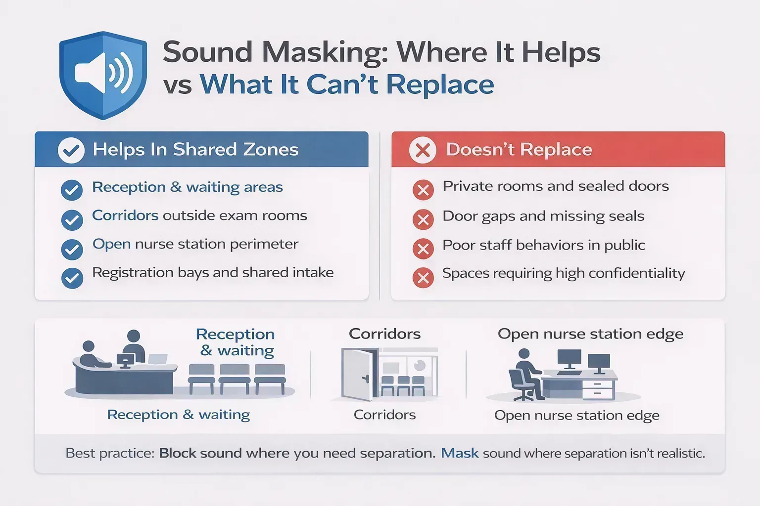 Sound masking system zones in healthcare facilities showing where it helps and its limitations