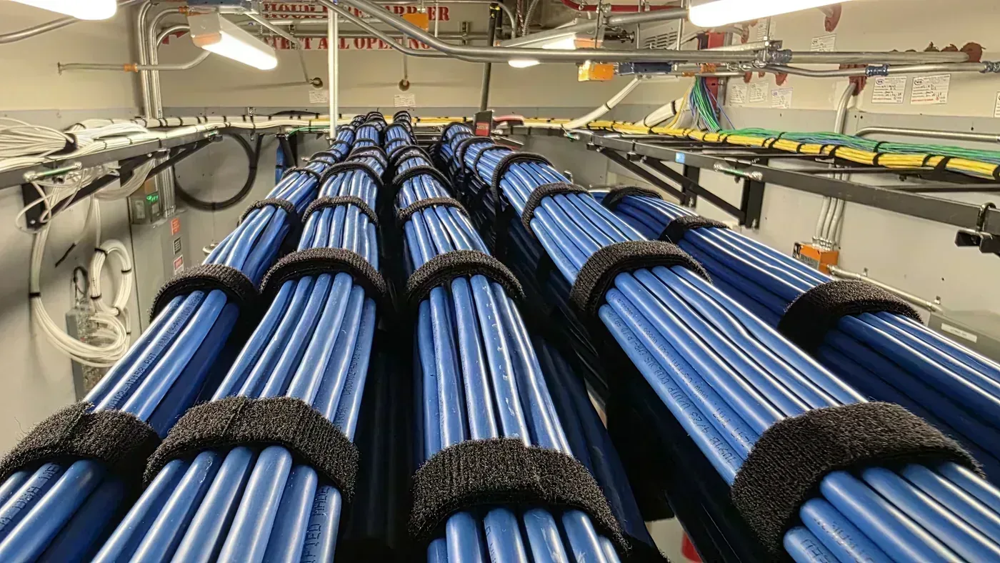 Cat6A cable bundles during hospital floor renovation structured cabling installation