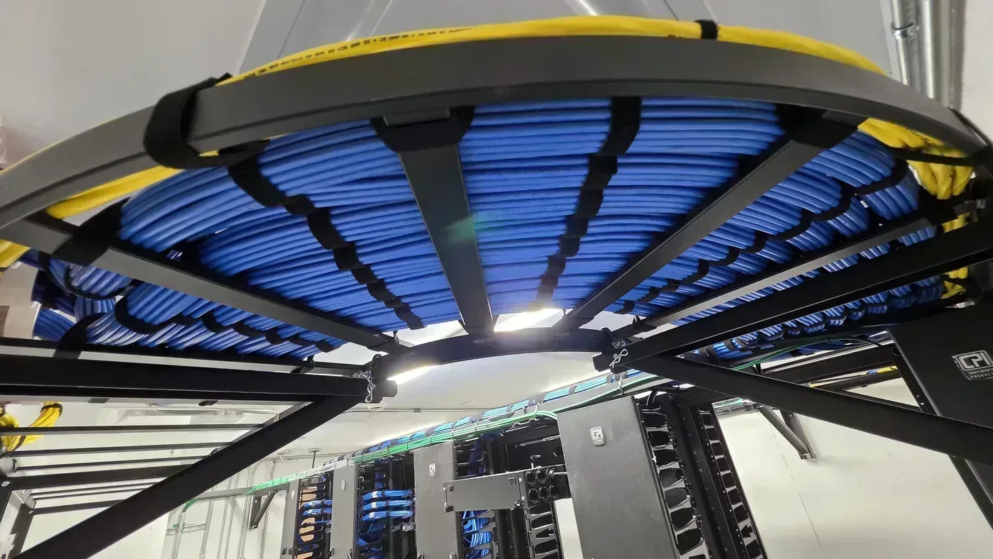 Dressed Cat6A bundles on ladder rack in hospital pharmacy