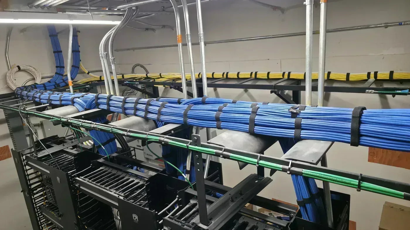 Cat6A cable bundles on ladder rack with cable management in medical office building TDR