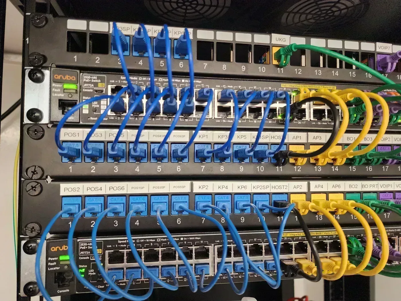Color-coded Cat6 patch panel inserts in Sarasota restaurant cabling installation